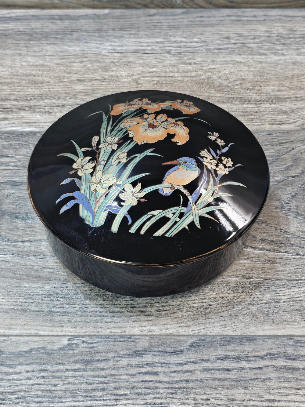Vintage Japan Black Lacquer Trinket Box Bird Flowers Gold 6"